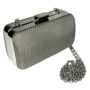 Bebe USA Metal Frame Fashion Clutch HANDBAG Purse Silver Shoulder Chain Strap
